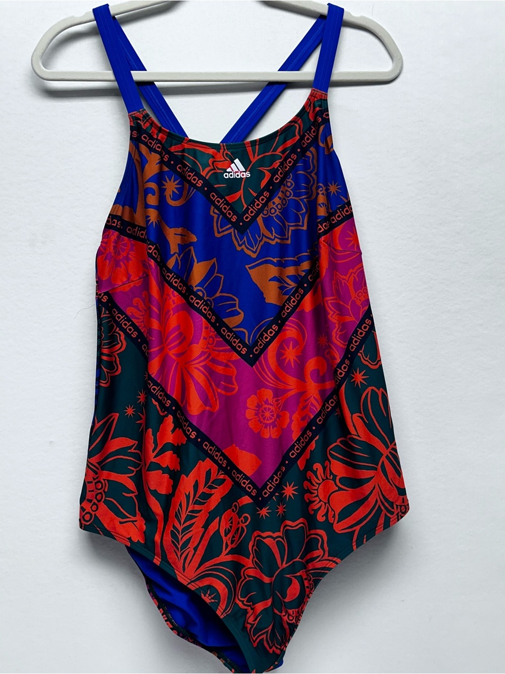 adidas x Farm Rio Floral Colorblock One-Piece Swimsuit in Blue, Red & Magenta